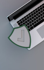 Computer safe against malware or virus attacks. 3d render Computer closeup and Security shield
