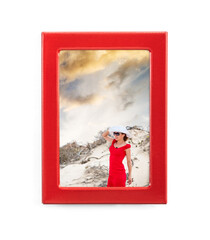 Beautiful personalized magnet in red rectangular frame isolated on white background