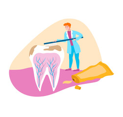 Doctor in hospital, virus on teeth, medical care, microbiology, design cartoon style vector illustration, isolated on white. Infected surface, dentist cleans plaque with toothbrush with toothpaste.