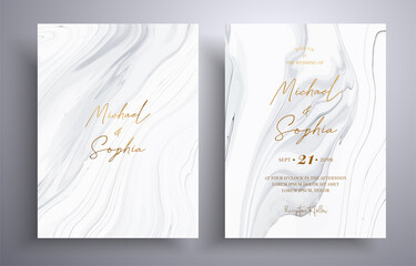 Set of acrylic wedding invitations with stone pattern. Agate vector cards with marble effect and swirling paints, gray, black and white colors. Designed for posters, brochures and etc