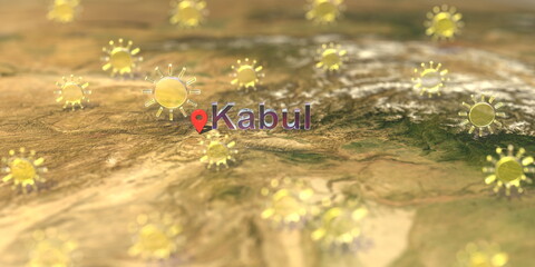 Obraz premium Sunny weather icons near Kabul city on the map, weather forecast related 3D rendering