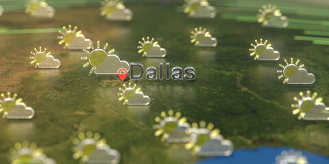 Partly cloudy weather icons near Dallas city on the map, weather forecast related 3D rendering