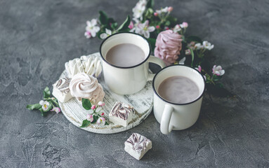Two cups of cocoa and delicious marshmallows