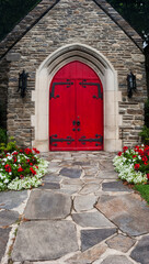 Fototapeta na wymiar Red Door on Old Stone Church,Gatlinburg,Tennessee,USA