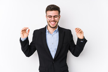 Young caucasian business man posing in a white background isolated Young caucasian business man joyful laughing a lot. Happiness concept.