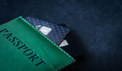 Passport with credit cards on dark background with copy space