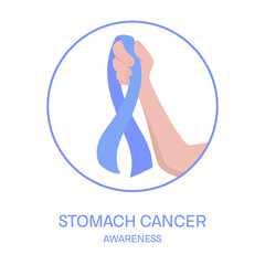 Stomach cancer awareness poster. Periwinkle purple ribbon in a hand on white background. Digestive system disease prevention. Medical concept. Vector illustration.