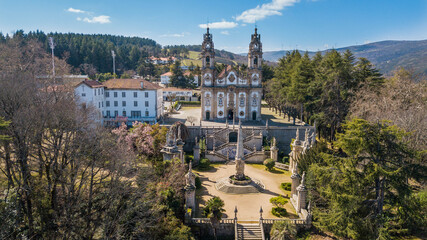 Aerial view of the sanctuary Nossa Senhora dos Remédios, Lamego, Portugal. Beautiful church with long staircases
