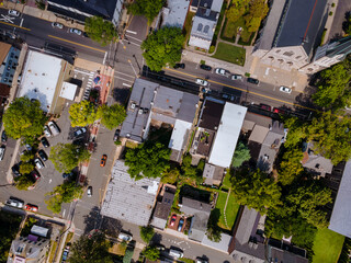 Overhead view of Lambertville New Jersey USA the small town residential suburban area with bridge...