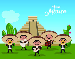 Obraz na płótnie Canvas Mariachi group singing at the pyramid. Mexico independence day celebration horizontal banner. Text in Spanish - Long live Mexico