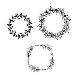 Circle floral borders. Sketch frames, hand-drawn with ink. Vector illustration.