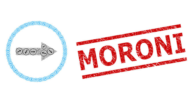 Recursive collage right rounded arrow and Moroni grunge seal. Stamp seal includes Moroni caption between parallel lines. Vector mosaic is created of recursive right rounded arrow elements.