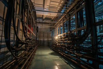 Dark cable tunnel with many cables. Cable cabinet of automatic telephone exchange.