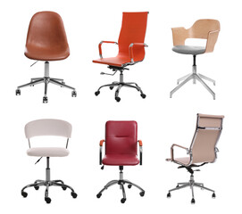 Set of different office chairs on white background