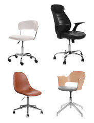 Set of different office chairs on white background