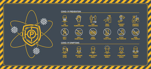 Routes of transmission, Signs and symptoms, Prevention, prohibited actions Coronavirus line icons isolated on yellow. Perfect outline symbols Covid 19 banner. design elements with Stroke line