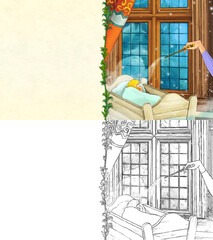 cartoon sketch scene with princess in castle illustration