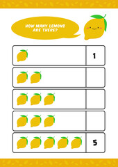 Child kids kindergarten worksheet with cute lemon fruit illustration for counting learn homeschooling vector template