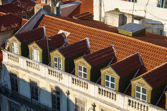 Mansard rooftops in Pombaline Lower Town. Lisbon. Portugal