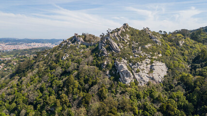 Aerial view of the Mouros Castel, Sintra, Portugal. beautiful castle on top of the mountain