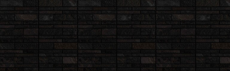 Panorama of Black pattern of black stone cladding wall tile texture and seamless background