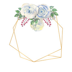 Blue rose flowers, green leaves, berries in a gold polygonal frame. Wedding concept with flowers. Watercolor compositions for the decoration of greeting cards or invitations