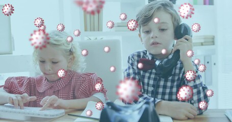 Flying bacteria coronavirus over young people on phone. - Powered by Adobe