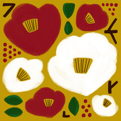 紅白ツバキ／手描き