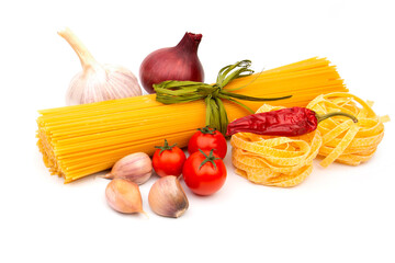 Raw Pasta with ingredients on white background.