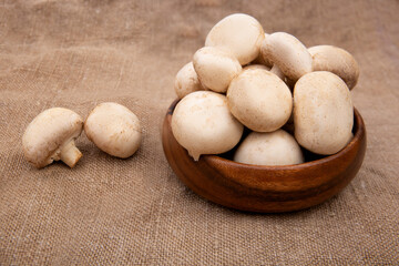 Fototapeta premium mushroom champignon isolated on brown burlap.