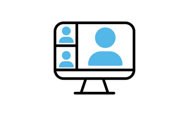 Video conference icon. People on computer screen. Home office in quarantine times. Internet virtual teaching media. Digital communication