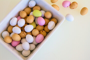 Easter eggs in a white dish celebrating Easter Day.