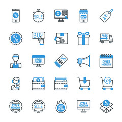 cyber monday blue line icons pack