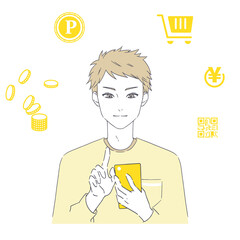スマートフォンで買い物をする男性のイラスト