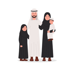 Group of Arab Muslim Family Together Flat Cartoon Illustration
