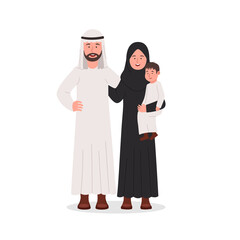 Happy Arabian Family Father, Mother and Son Together Flat Cartoon Illustration