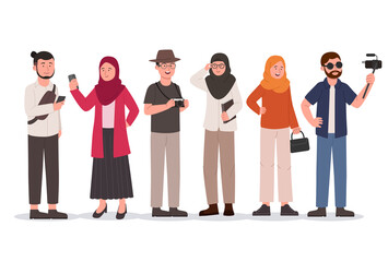 Set of Young Group Hipster Man and Hijab Woman Flat Illustration
