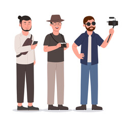 Set Group of Hipster Man With Gadget Flat Illustration Cartoon