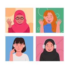 Group of Young Women Video Calling Flat Cartoon Illustration