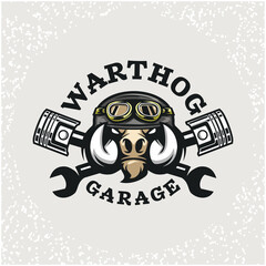 Warthog Wild Boar head auto repair and custom Garage logo. Design element for company logo, label, emblem, sign, apparel or other merchandise. Scalable and editable Vector illustration.