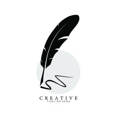 feather pen logo silhouette with circle light grey vector design template