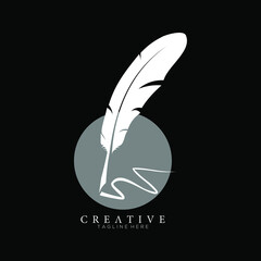 feather pen logo white with circle dark grey vector design template