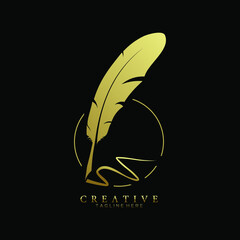 feather pen logo gold with circle line vector design template