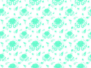 Seamless pattern of cute cartoon smiling blushing octopuses, seashells, starfishes and bubbles on a white background. Design for baby products, nursery, clothing, fabric, wallpaper. Vector.