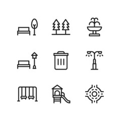 City icon set including park, forest, fountain, garden, trash bin, street, playground, roundabout.