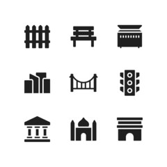 City icon set including fence, bench, dumpster, cityscape, bridge, traffic light, government, mosque, monument.