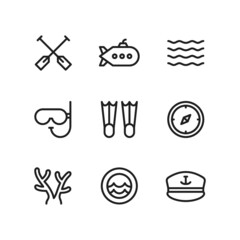 Nautical icon set including paddle, submarine, wave, snorkeling, flipper, compass, coral, porthole, marine.