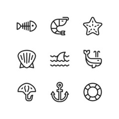 Nautical icon set including fishbone, starfish, shrimp, shell, shark, whale, stingray, anchor, lifebuoy.