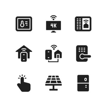 Smart Home icon set including remote, control, temperature, tv, security, automation, domotic, smartphone, door, security, fridge.