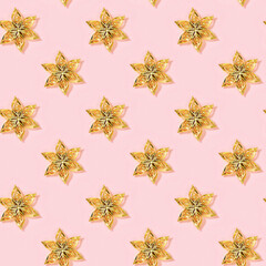 New Year minimal seamless pattern with metallic golden toys flower or star.